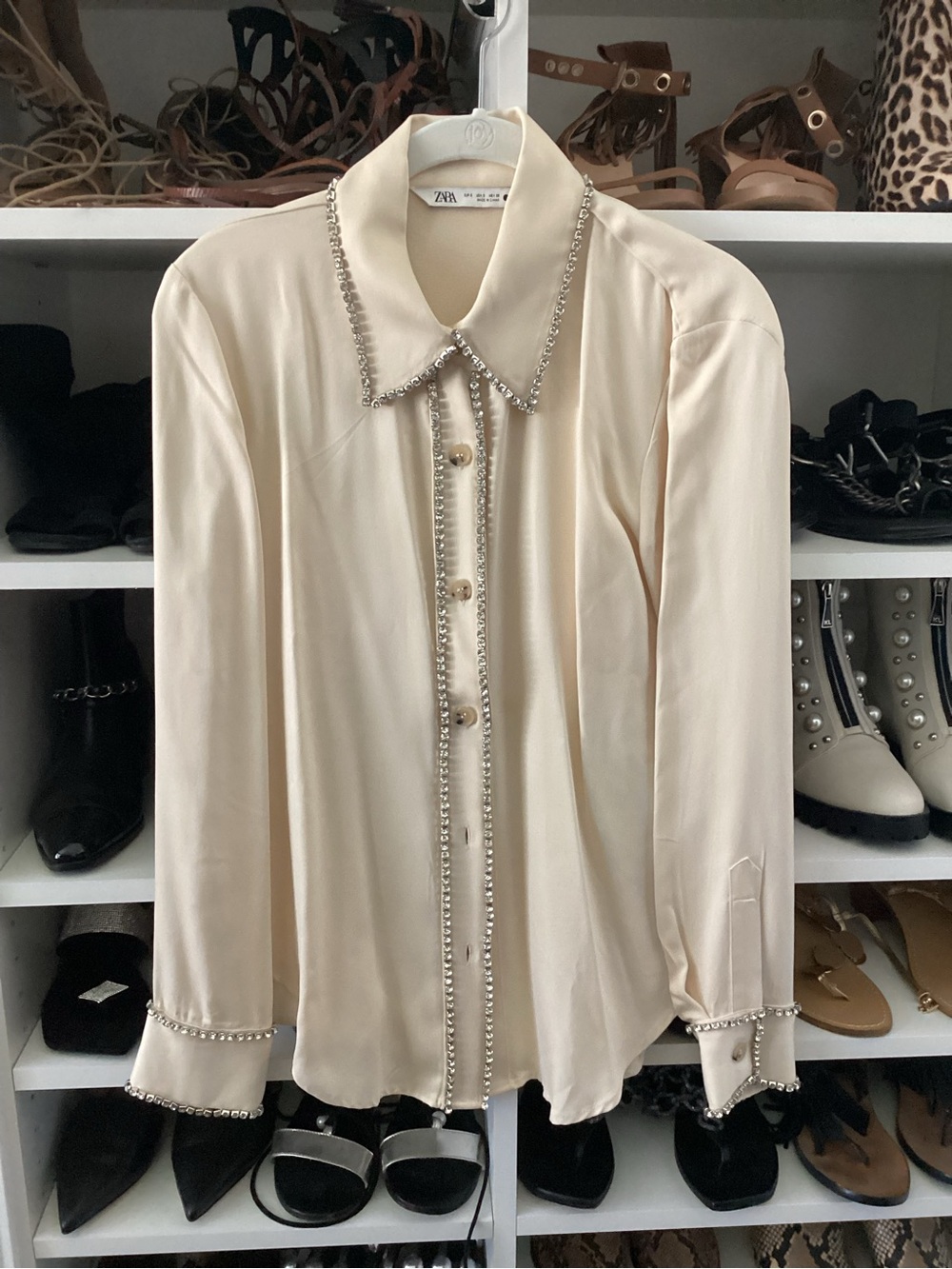 Zara Cream Rhinestone Trim Button-Up Blouse
